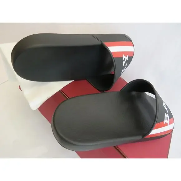 NIB BALLY SIMON BLACK RUBBER RED WHITE WEB LOGO SANDALS POOL SLIDES 9 D ITALY